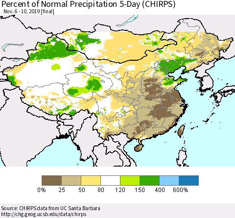 China, Mongolia and Taiwan Percent of Normal Precipitation 5-Day (CHIRPS) Thematic Map For 11/6/2019 - 11/10/2019