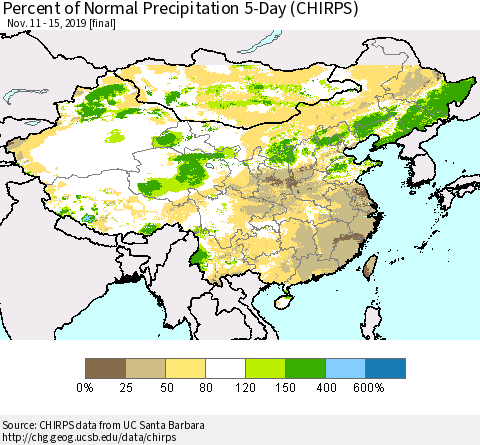 China, Mongolia and Taiwan Percent of Normal Precipitation 5-Day (CHIRPS) Thematic Map For 11/11/2019 - 11/15/2019