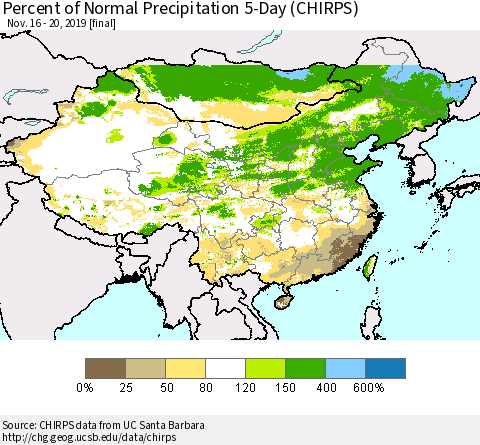 China, Mongolia and Taiwan Percent of Normal Precipitation 5-Day (CHIRPS) Thematic Map For 11/16/2019 - 11/20/2019