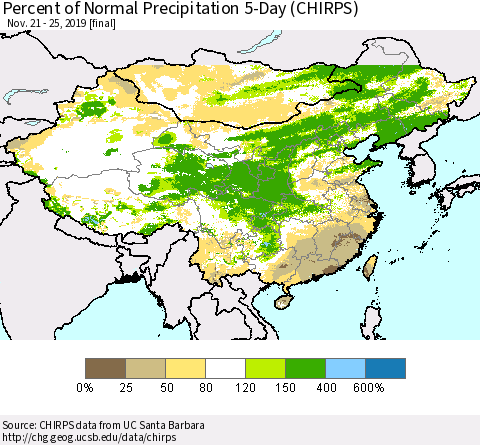 China, Mongolia and Taiwan Percent of Normal Precipitation 5-Day (CHIRPS) Thematic Map For 11/21/2019 - 11/25/2019