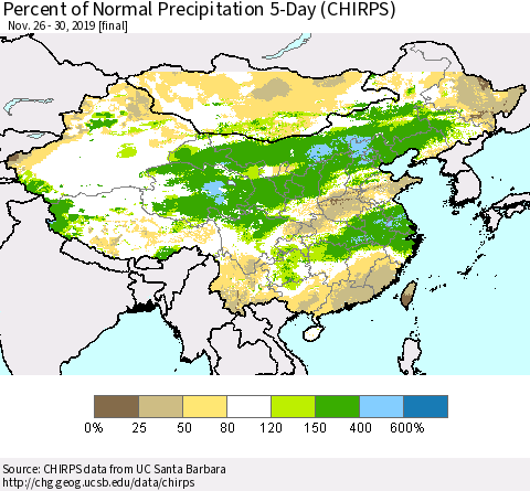 China, Mongolia and Taiwan Percent of Normal Precipitation 5-Day (CHIRPS) Thematic Map For 11/26/2019 - 11/30/2019