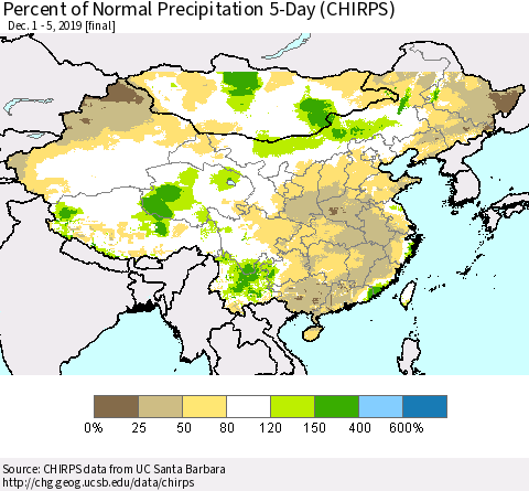 China, Mongolia and Taiwan Percent of Normal Precipitation 5-Day (CHIRPS) Thematic Map For 12/1/2019 - 12/5/2019