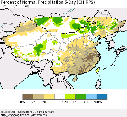 China, Mongolia and Taiwan Percent of Normal Precipitation 5-Day (CHIRPS) Thematic Map For 12/6/2019 - 12/10/2019