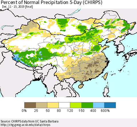 China, Mongolia and Taiwan Percent of Normal Precipitation 5-Day (CHIRPS) Thematic Map For 12/11/2019 - 12/15/2019