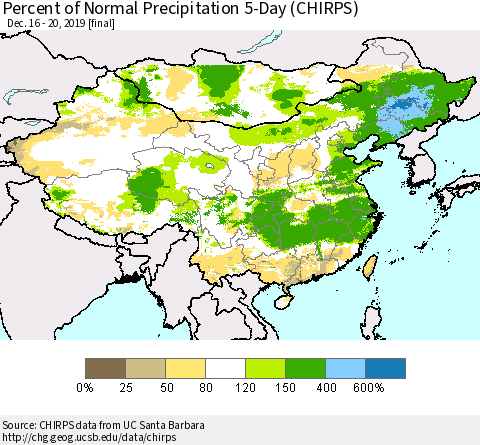 China, Mongolia and Taiwan Percent of Normal Precipitation 5-Day (CHIRPS) Thematic Map For 12/16/2019 - 12/20/2019