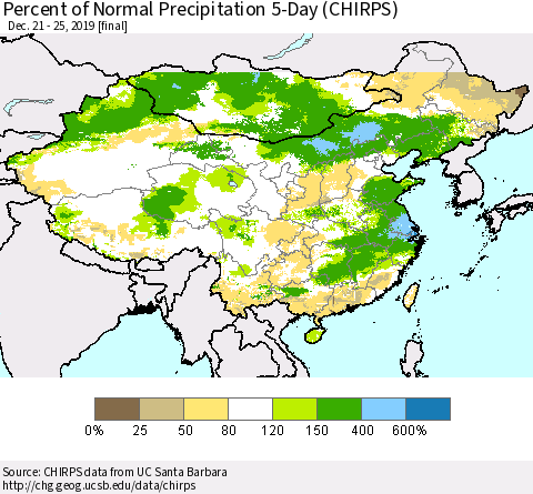 China, Mongolia and Taiwan Percent of Normal Precipitation 5-Day (CHIRPS) Thematic Map For 12/21/2019 - 12/25/2019