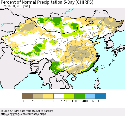 China, Mongolia and Taiwan Percent of Normal Precipitation 5-Day (CHIRPS) Thematic Map For 12/26/2019 - 12/31/2019