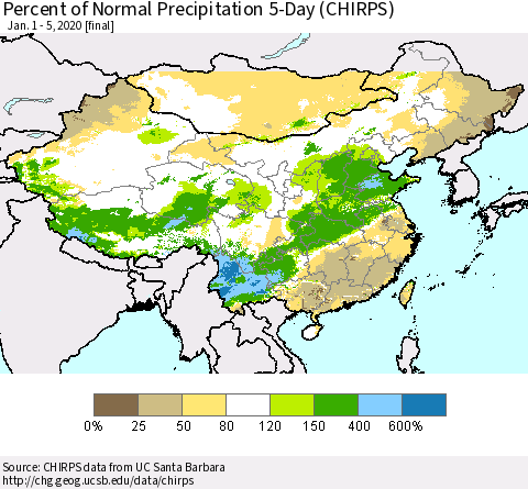 China, Mongolia and Taiwan Percent of Normal Precipitation 5-Day (CHIRPS) Thematic Map For 1/1/2020 - 1/5/2020