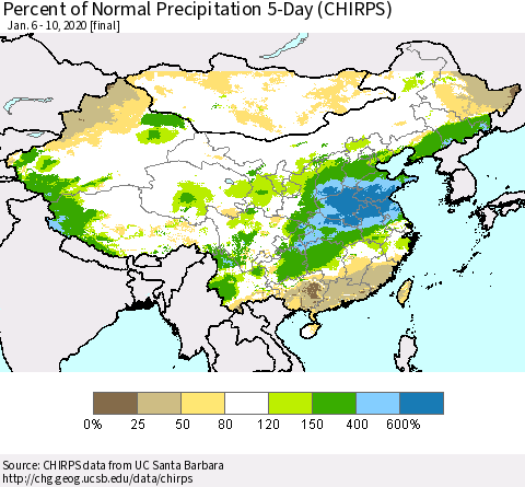 China, Mongolia and Taiwan Percent of Normal Precipitation 5-Day (CHIRPS) Thematic Map For 1/6/2020 - 1/10/2020