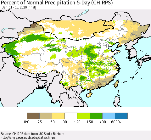 China, Mongolia and Taiwan Percent of Normal Precipitation 5-Day (CHIRPS) Thematic Map For 1/11/2020 - 1/15/2020