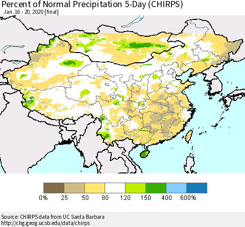 China, Mongolia and Taiwan Percent of Normal Precipitation 5-Day (CHIRPS) Thematic Map For 1/16/2020 - 1/20/2020