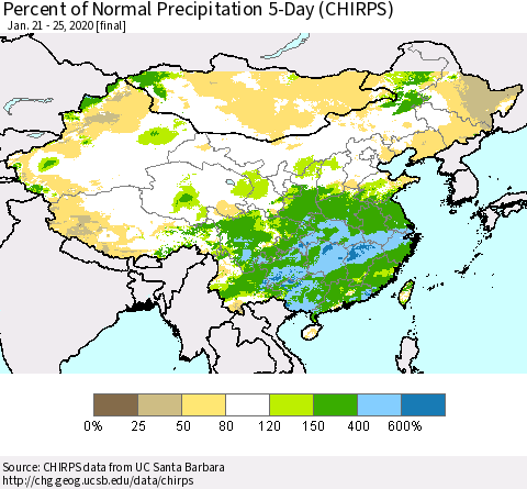 China, Mongolia and Taiwan Percent of Normal Precipitation 5-Day (CHIRPS) Thematic Map For 1/21/2020 - 1/25/2020