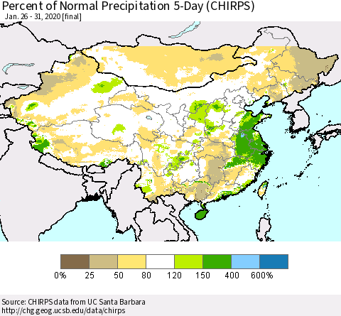 China, Mongolia and Taiwan Percent of Normal Precipitation 5-Day (CHIRPS) Thematic Map For 1/26/2020 - 1/31/2020