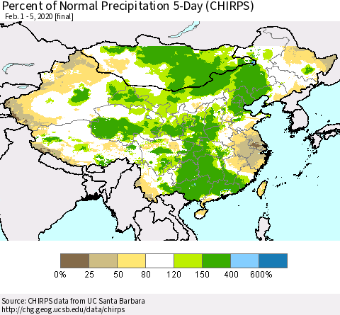 China, Mongolia and Taiwan Percent of Normal Precipitation 5-Day (CHIRPS) Thematic Map For 2/1/2020 - 2/5/2020