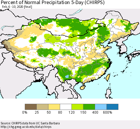 China, Mongolia and Taiwan Percent of Normal Precipitation 5-Day (CHIRPS) Thematic Map For 2/6/2020 - 2/10/2020