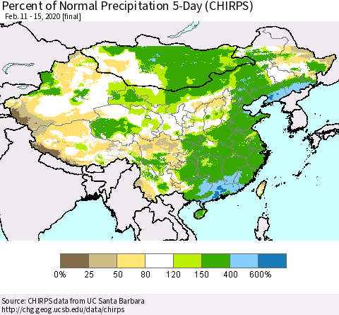 China, Mongolia and Taiwan Percent of Normal Precipitation 5-Day (CHIRPS) Thematic Map For 2/11/2020 - 2/15/2020