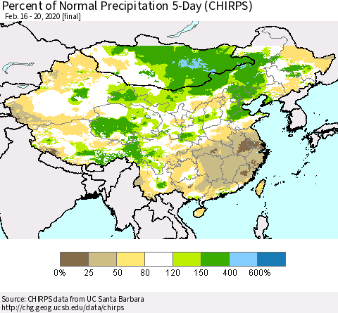 China, Mongolia and Taiwan Percent of Normal Precipitation 5-Day (CHIRPS) Thematic Map For 2/16/2020 - 2/20/2020