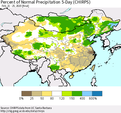 China, Mongolia and Taiwan Percent of Normal Precipitation 5-Day (CHIRPS) Thematic Map For 2/21/2020 - 2/25/2020