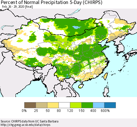 China, Mongolia and Taiwan Percent of Normal Precipitation 5-Day (CHIRPS) Thematic Map For 2/26/2020 - 2/29/2020