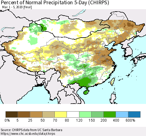 China, Mongolia and Taiwan Percent of Normal Precipitation 5-Day (CHIRPS) Thematic Map For 3/1/2020 - 3/5/2020