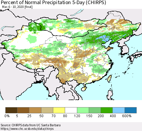 China, Mongolia and Taiwan Percent of Normal Precipitation 5-Day (CHIRPS) Thematic Map For 3/6/2020 - 3/10/2020