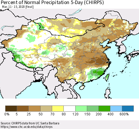 China, Mongolia and Taiwan Percent of Normal Precipitation 5-Day (CHIRPS) Thematic Map For 3/11/2020 - 3/15/2020