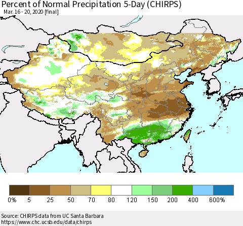 China, Mongolia and Taiwan Percent of Normal Precipitation 5-Day (CHIRPS) Thematic Map For 3/16/2020 - 3/20/2020
