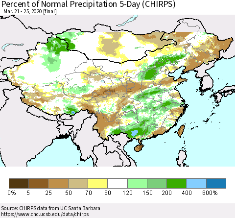China, Mongolia and Taiwan Percent of Normal Precipitation 5-Day (CHIRPS) Thematic Map For 3/21/2020 - 3/25/2020