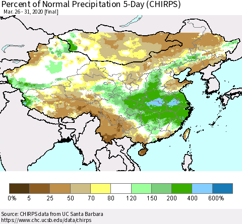 China, Mongolia and Taiwan Percent of Normal Precipitation 5-Day (CHIRPS) Thematic Map For 3/26/2020 - 3/31/2020