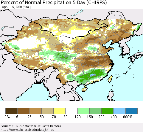 China, Mongolia and Taiwan Percent of Normal Precipitation 5-Day (CHIRPS) Thematic Map For 4/1/2020 - 4/5/2020