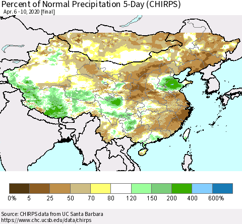 China, Mongolia and Taiwan Percent of Normal Precipitation 5-Day (CHIRPS) Thematic Map For 4/6/2020 - 4/10/2020