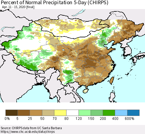 China, Mongolia and Taiwan Percent of Normal Precipitation 5-Day (CHIRPS) Thematic Map For 4/11/2020 - 4/15/2020