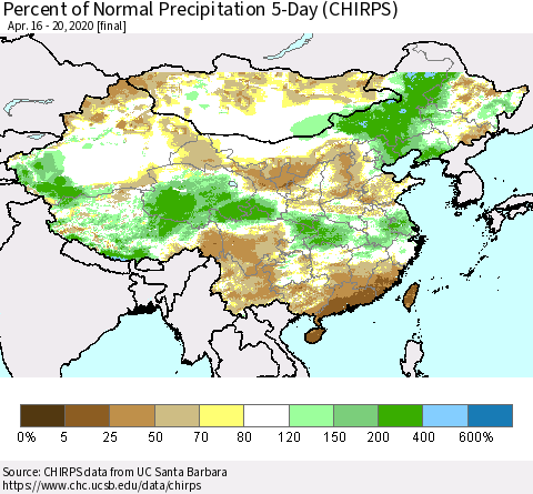 China, Mongolia and Taiwan Percent of Normal Precipitation 5-Day (CHIRPS) Thematic Map For 4/16/2020 - 4/20/2020