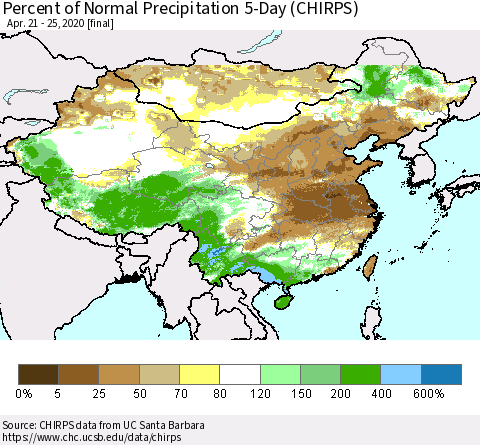 China, Mongolia and Taiwan Percent of Normal Precipitation 5-Day (CHIRPS) Thematic Map For 4/21/2020 - 4/25/2020
