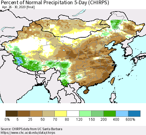 China, Mongolia and Taiwan Percent of Normal Precipitation 5-Day (CHIRPS) Thematic Map For 4/26/2020 - 4/30/2020