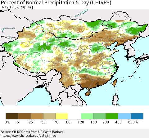 China, Mongolia and Taiwan Percent of Normal Precipitation 5-Day (CHIRPS) Thematic Map For 5/1/2020 - 5/5/2020