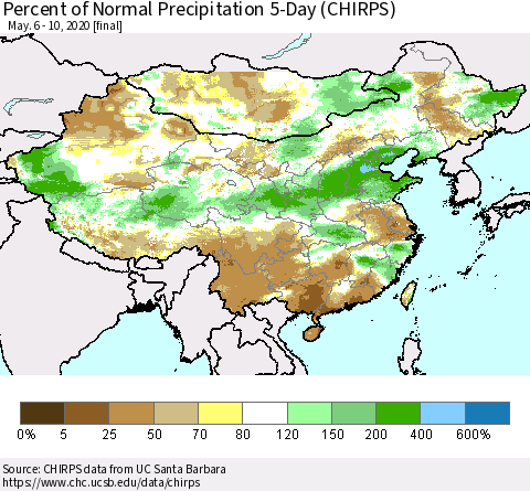 China, Mongolia and Taiwan Percent of Normal Precipitation 5-Day (CHIRPS) Thematic Map For 5/6/2020 - 5/10/2020
