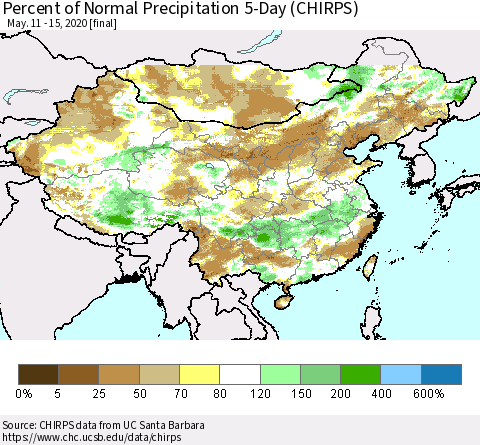 China, Mongolia and Taiwan Percent of Normal Precipitation 5-Day (CHIRPS) Thematic Map For 5/11/2020 - 5/15/2020