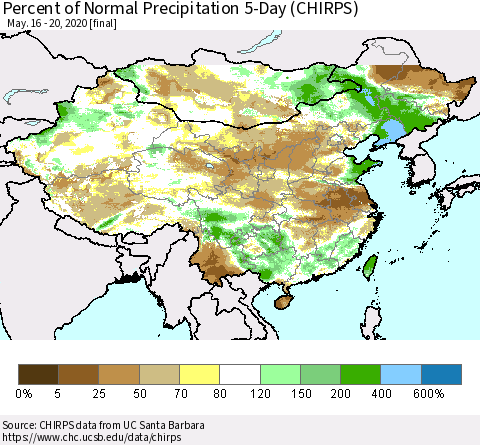China, Mongolia and Taiwan Percent of Normal Precipitation 5-Day (CHIRPS) Thematic Map For 5/16/2020 - 5/20/2020