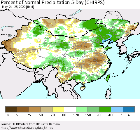 China, Mongolia and Taiwan Percent of Normal Precipitation 5-Day (CHIRPS) Thematic Map For 5/21/2020 - 5/25/2020