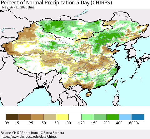 China, Mongolia and Taiwan Percent of Normal Precipitation 5-Day (CHIRPS) Thematic Map For 5/26/2020 - 5/31/2020