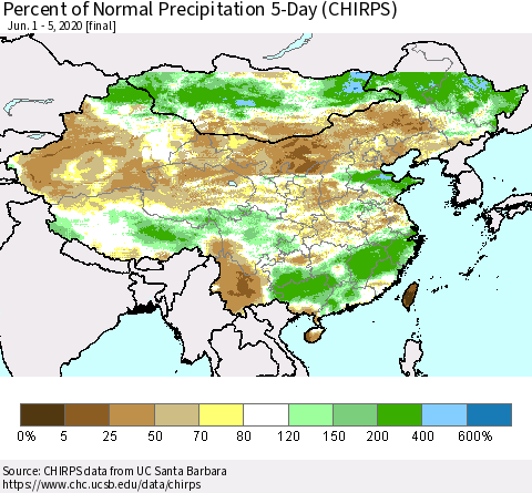 China, Mongolia and Taiwan Percent of Normal Precipitation 5-Day (CHIRPS) Thematic Map For 6/1/2020 - 6/5/2020