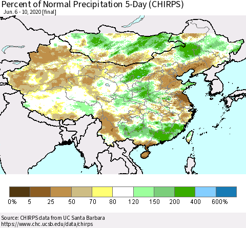 China, Mongolia and Taiwan Percent of Normal Precipitation 5-Day (CHIRPS) Thematic Map For 6/6/2020 - 6/10/2020