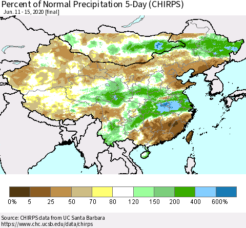 China, Mongolia and Taiwan Percent of Normal Precipitation 5-Day (CHIRPS) Thematic Map For 6/11/2020 - 6/15/2020
