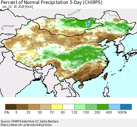 China, Mongolia and Taiwan Percent of Normal Precipitation 5-Day (CHIRPS) Thematic Map For 6/16/2020 - 6/20/2020