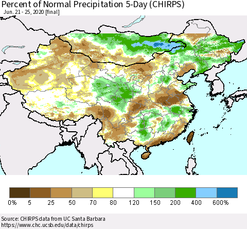 China, Mongolia and Taiwan Percent of Normal Precipitation 5-Day (CHIRPS) Thematic Map For 6/21/2020 - 6/25/2020