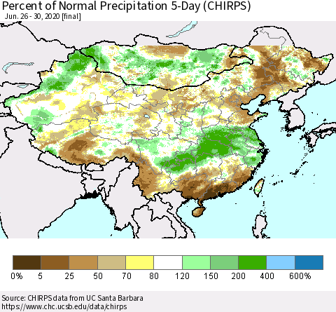 China, Mongolia and Taiwan Percent of Normal Precipitation 5-Day (CHIRPS) Thematic Map For 6/26/2020 - 6/30/2020