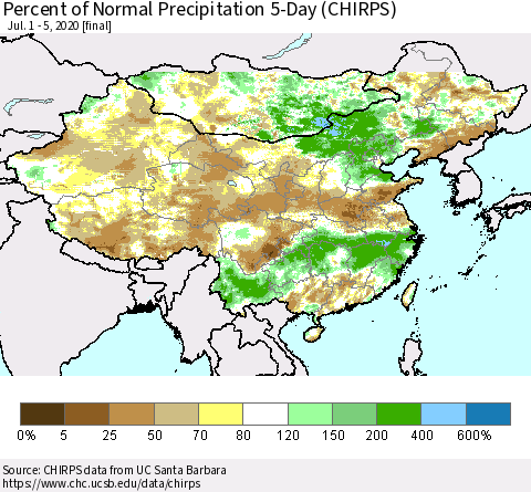 China, Mongolia and Taiwan Percent of Normal Precipitation 5-Day (CHIRPS) Thematic Map For 7/1/2020 - 7/5/2020