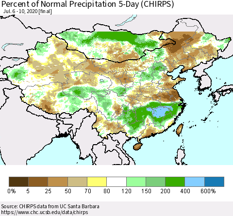 China, Mongolia and Taiwan Percent of Normal Precipitation 5-Day (CHIRPS) Thematic Map For 7/6/2020 - 7/10/2020