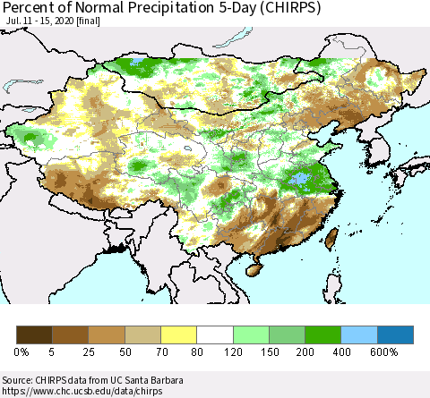 China, Mongolia and Taiwan Percent of Normal Precipitation 5-Day (CHIRPS) Thematic Map For 7/11/2020 - 7/15/2020